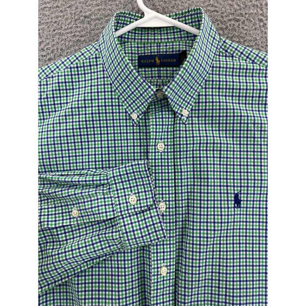 Ralph Lauren Mens XL Gingham Button Down Shirt Green Blue Long Sleeve Cotton